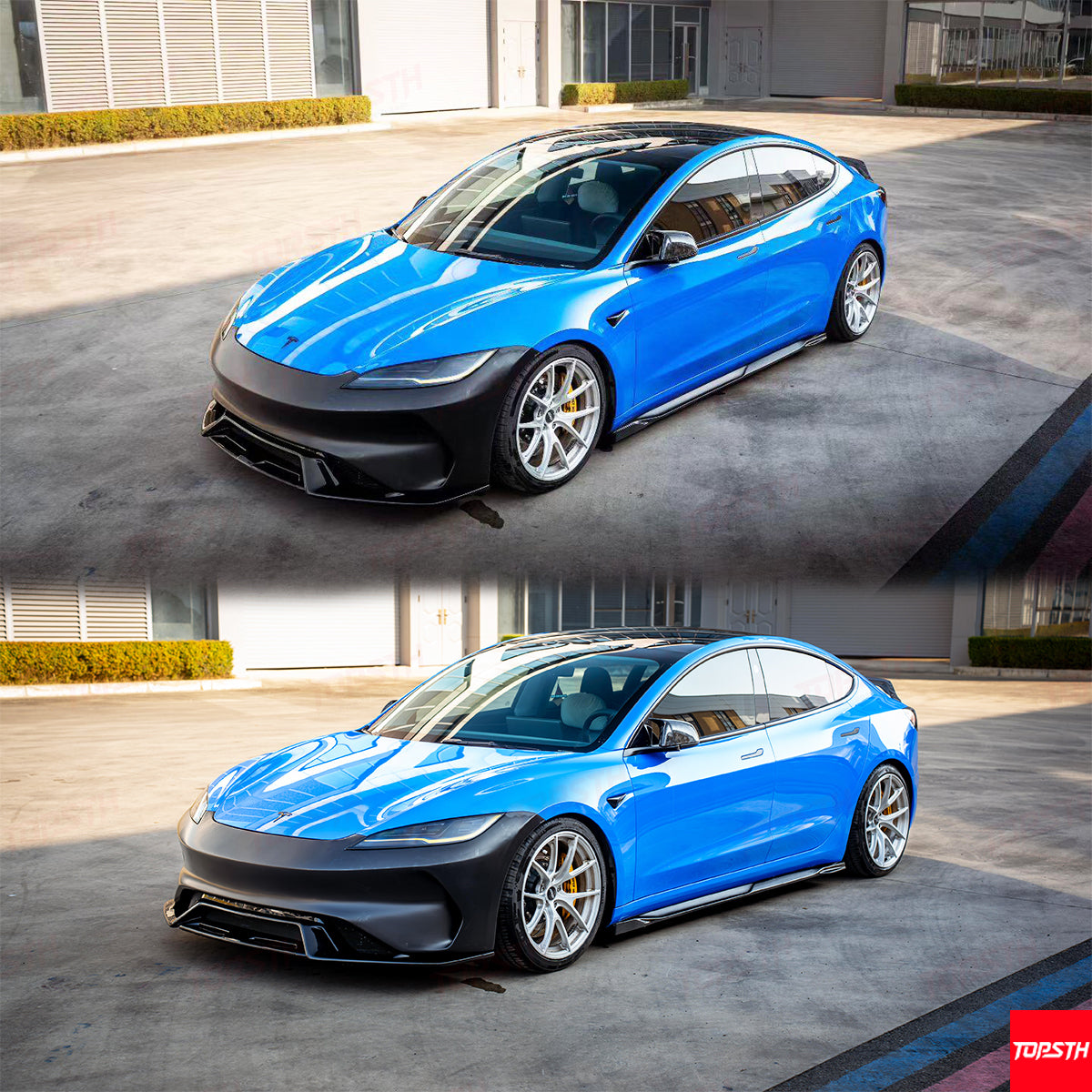 Side profile of a Tesla Model 3 Highland with an aftermarket ABS front bumper upgrade.