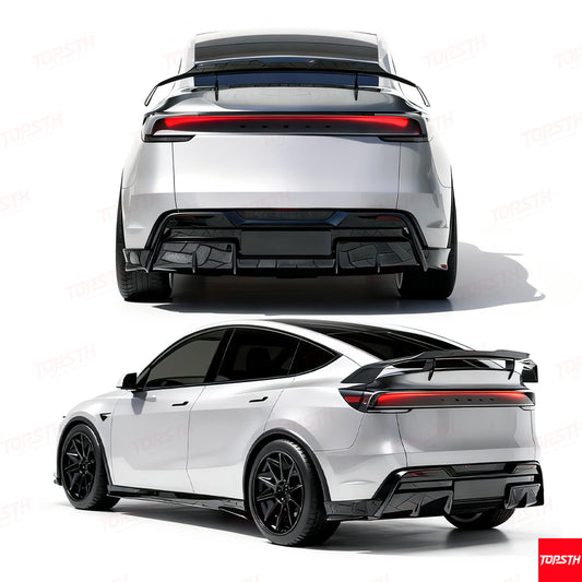 Tesla Model Y featuring a high-performance carbon fiber spoiler and integrated LED taillight system.