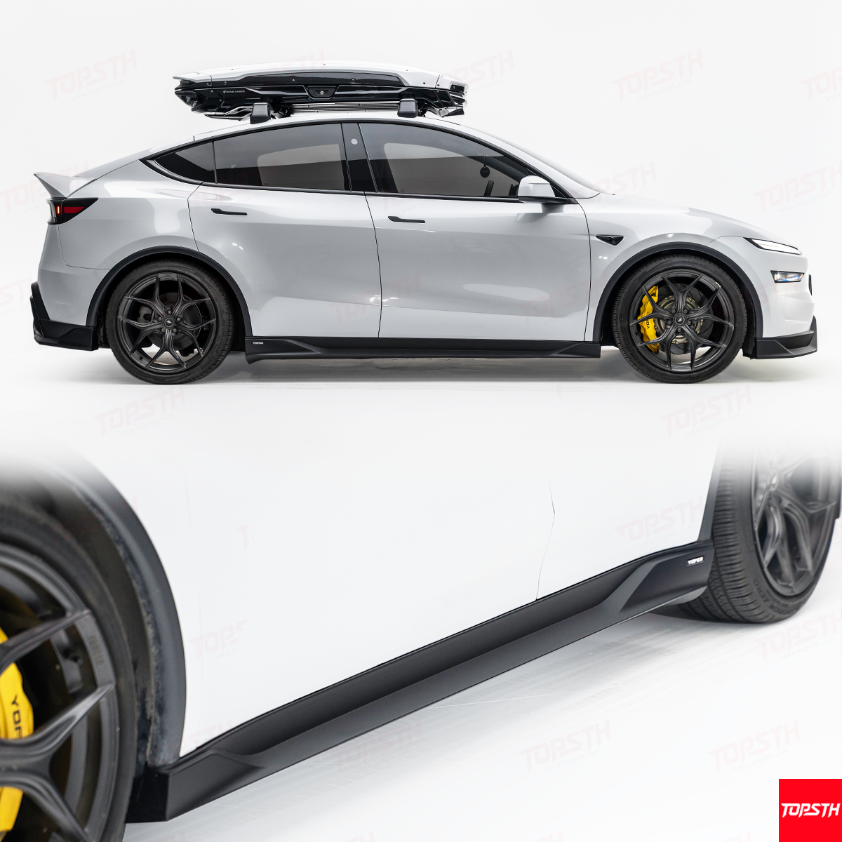 White car with black roof rack and yellow brake calipers on a white background