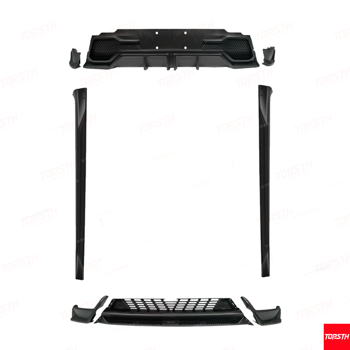Set of black car underbody protection panels on a white background with Topshm branding.