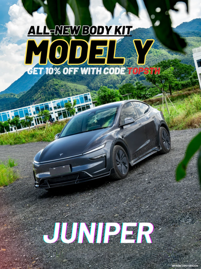 Car on a road with promotional text for an all-new body kit model, featuring a scenic background.