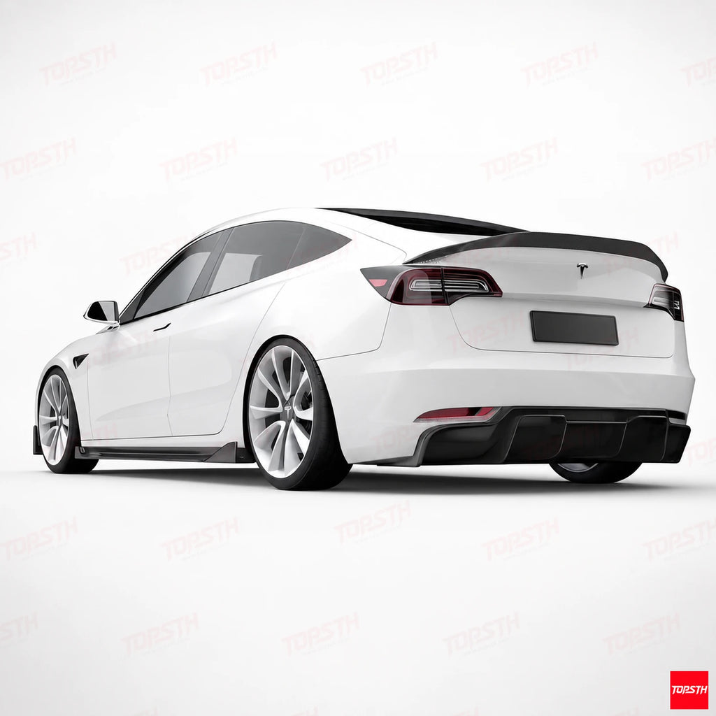 2016-2023 Tesla Model 3 V style Carbon fiber Spoiler rear 3-quarter full vehicle hero view by TOPSTH