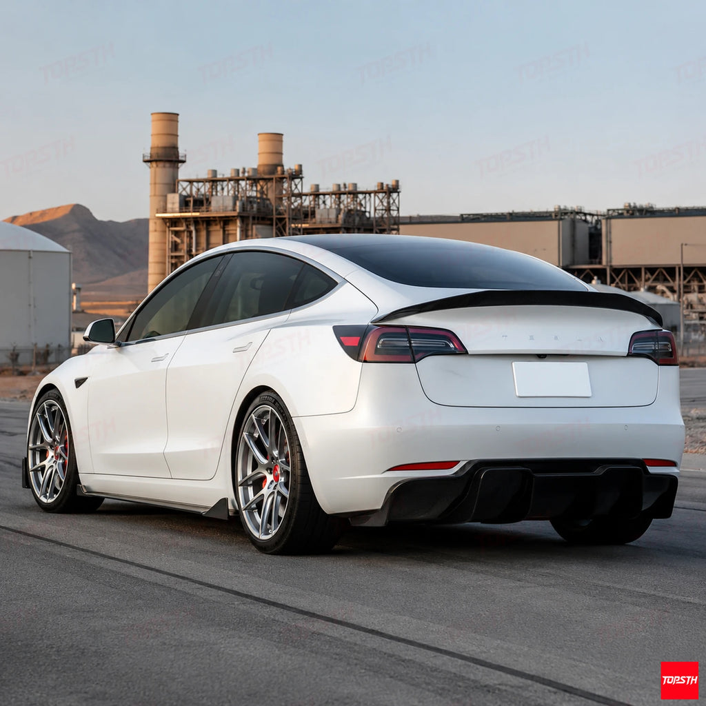 2016-2023 Tesla Model 3 V style Carbon fiber Spoiler rear side full vehicle view by TOPSTH