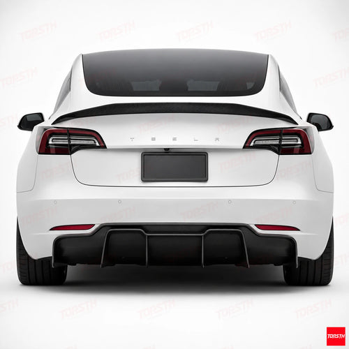 2016-2023 Tesla Model 3 V style Carbon fiber Spoiler straight rear full vehicle view by TOPSTH