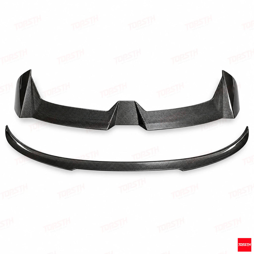 A pair of carbon fiber automotive body parts, including a front splitter lip and a rear diffuser, displayed on a white background with a diagonal topsth watermark.