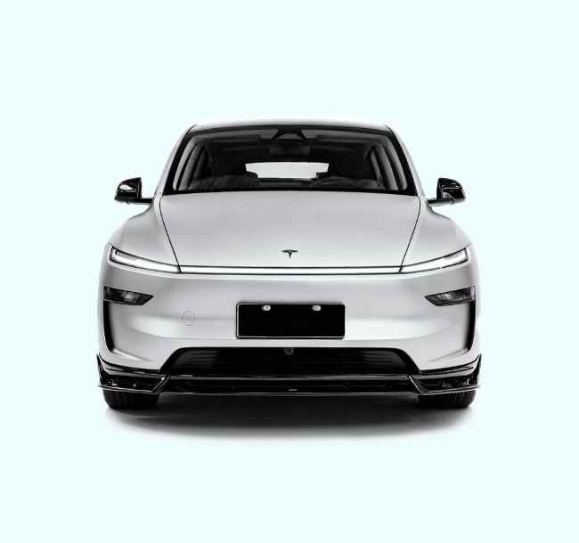 Front view of a white Tesla car on a light blue background