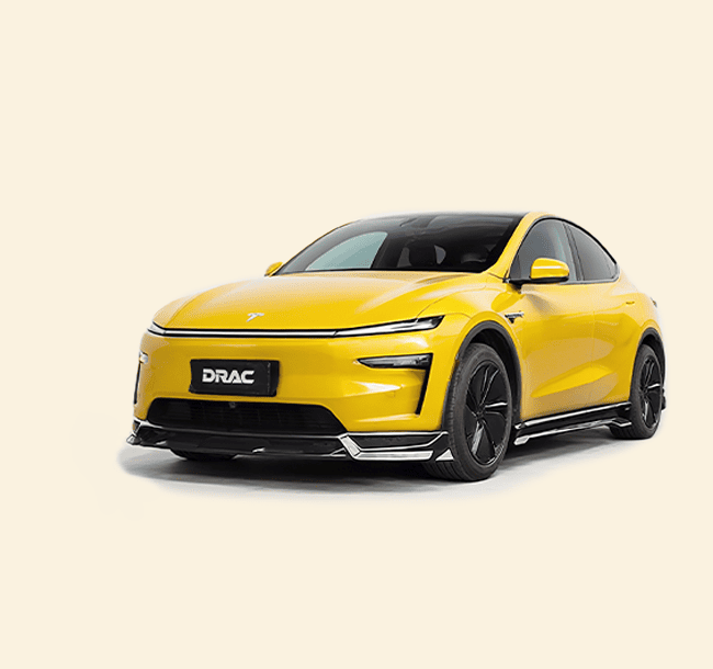 Yellow electric car with 'DRAC' branding on a light beige background