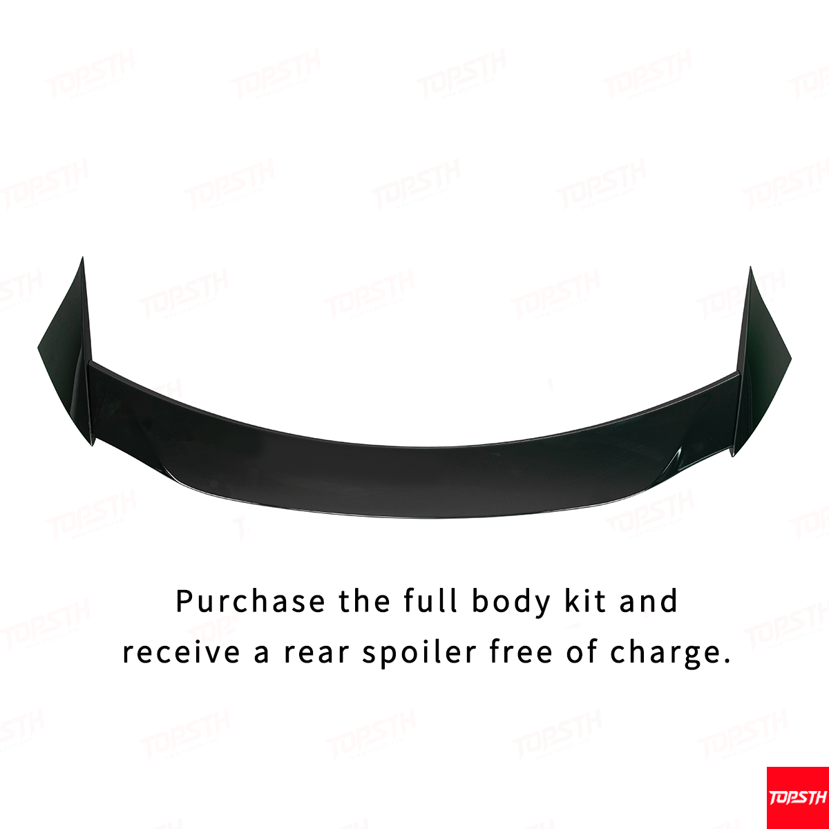 Black car rear spoiler on a white background with promotional text.