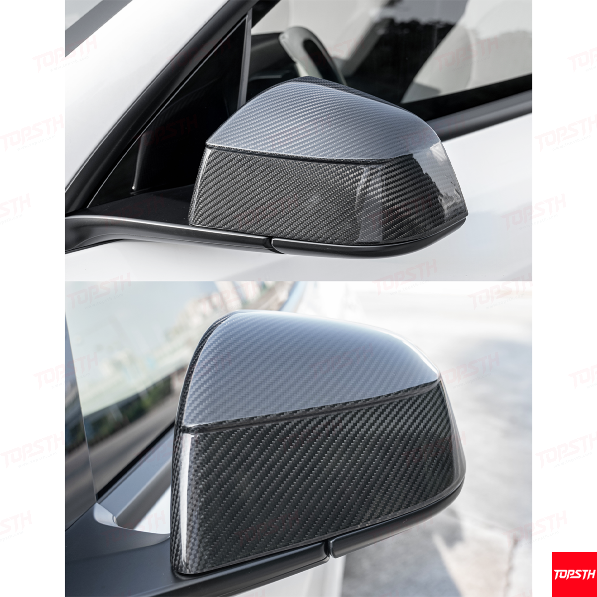 Carbon fiber car side mirrors on a white background