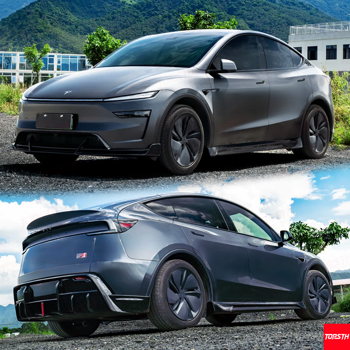 Two views of a modern car with a mountainous background