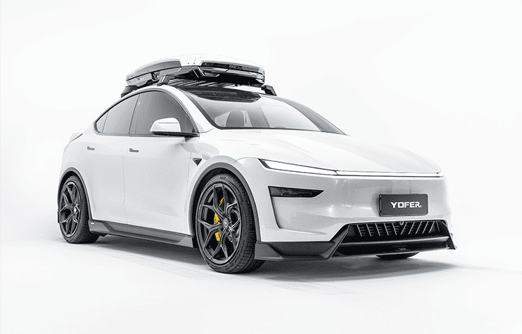 White electric car with roof racks on a white background