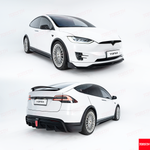 Composite image showing the front and rear three-quarter views of the Model X with the YOFER Design Body Kit.