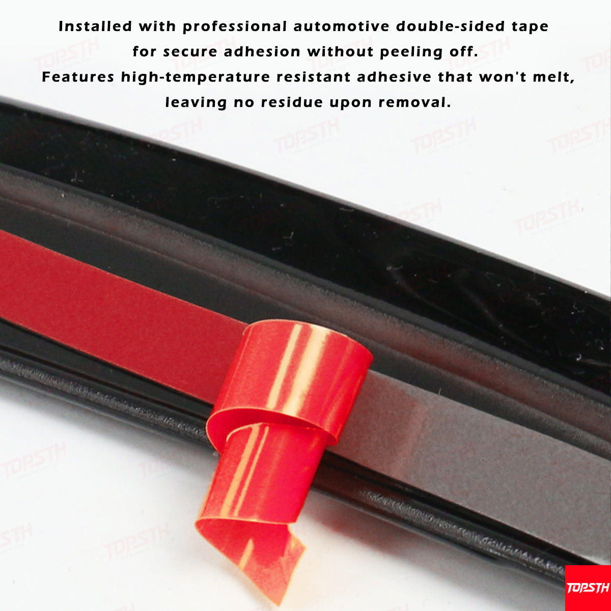 Installation instruction showing professional double-sided tape used to secure the Model Y Juniper OEM spoiler.