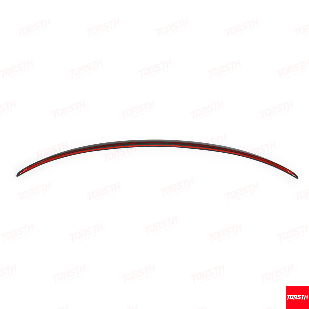 Top-down view of the curved OEM Performance Pro Style spoiler profile for Tesla Model Y Juniper.
