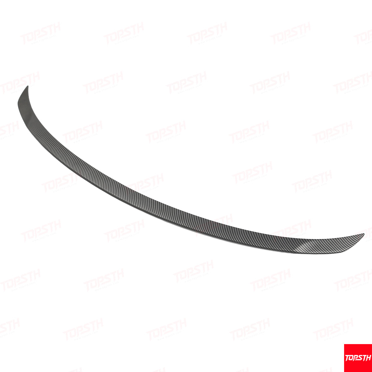 Carbon fiber Low-angle, side view of the aerodynamic OEM Performance Pro Style spoiler for Tesla Model Y Juniper 2025+.