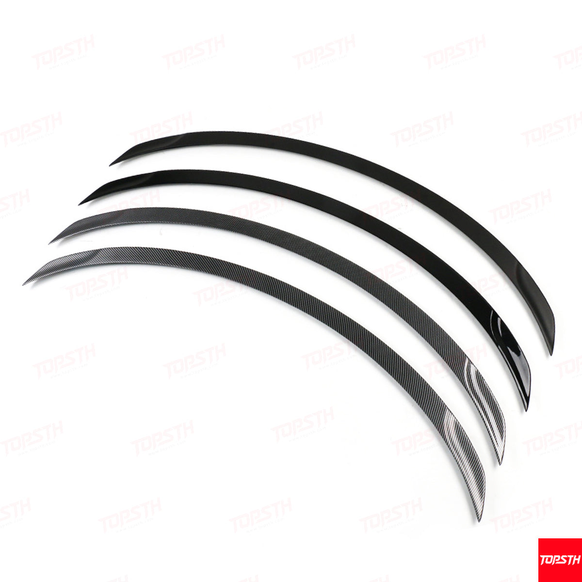 Side view of Four Tesla Model Y Juniper OEM Performance rear spoilers showing the curved design.