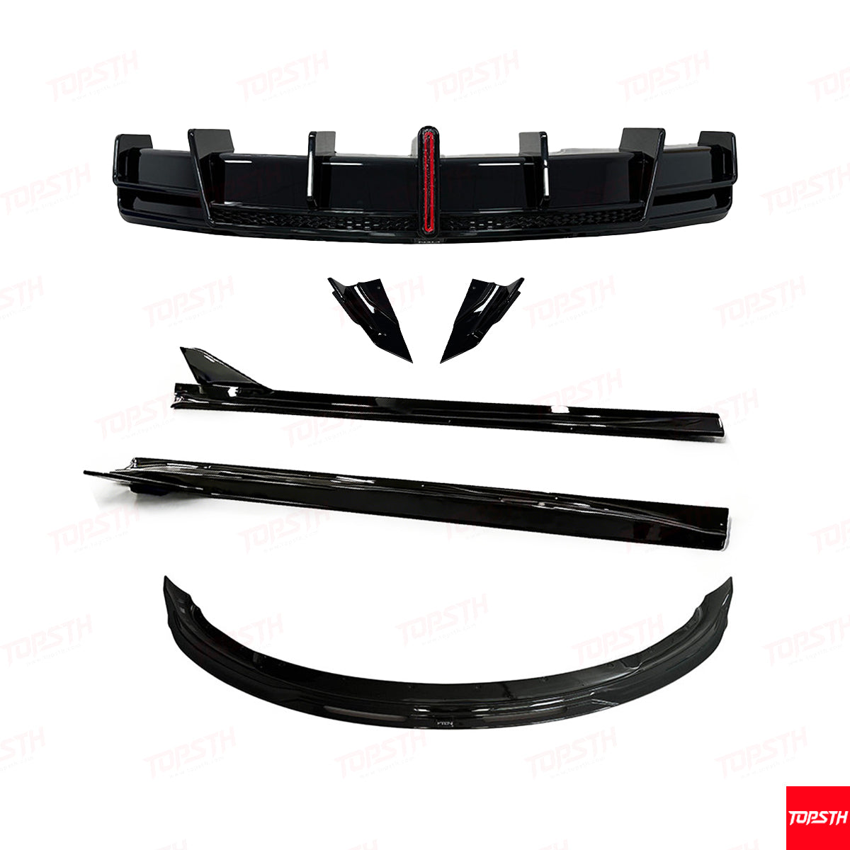 Set of car bumper parts on a white background with 'Topsh' branding.
