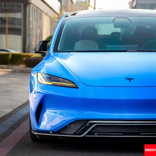 Front headlight and bumper integration on a modified Tesla Model 3 Highland.