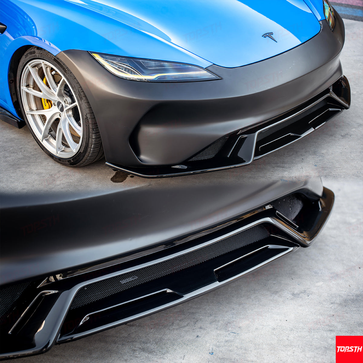 Close-up of the aggressive lower lip and air intake design on the Model 3 Highland ABS bumper.