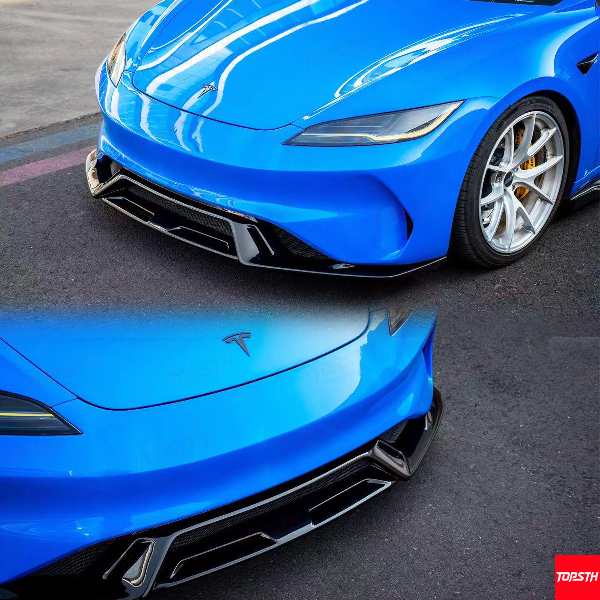 Detailed view of the corner fitment for the Tesla Model 3 Highland ABS replacement front bumper.