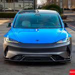 Full front view of a blue Tesla Model 3 Highland featuring a sporty ABS replacement front bumper.