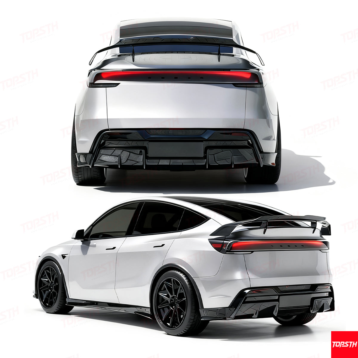 Tesla Model Y featuring a high-performance carbon fiber spoiler and integrated LED taillight system.