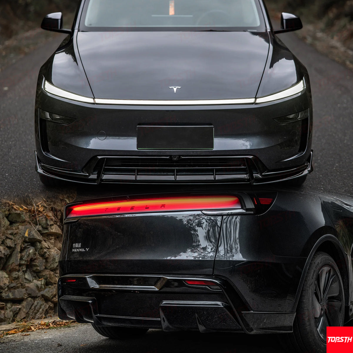 Detail shots of a Tesla Model Y exterior accessories including the front bumper trim and rear aerodynamic kit.