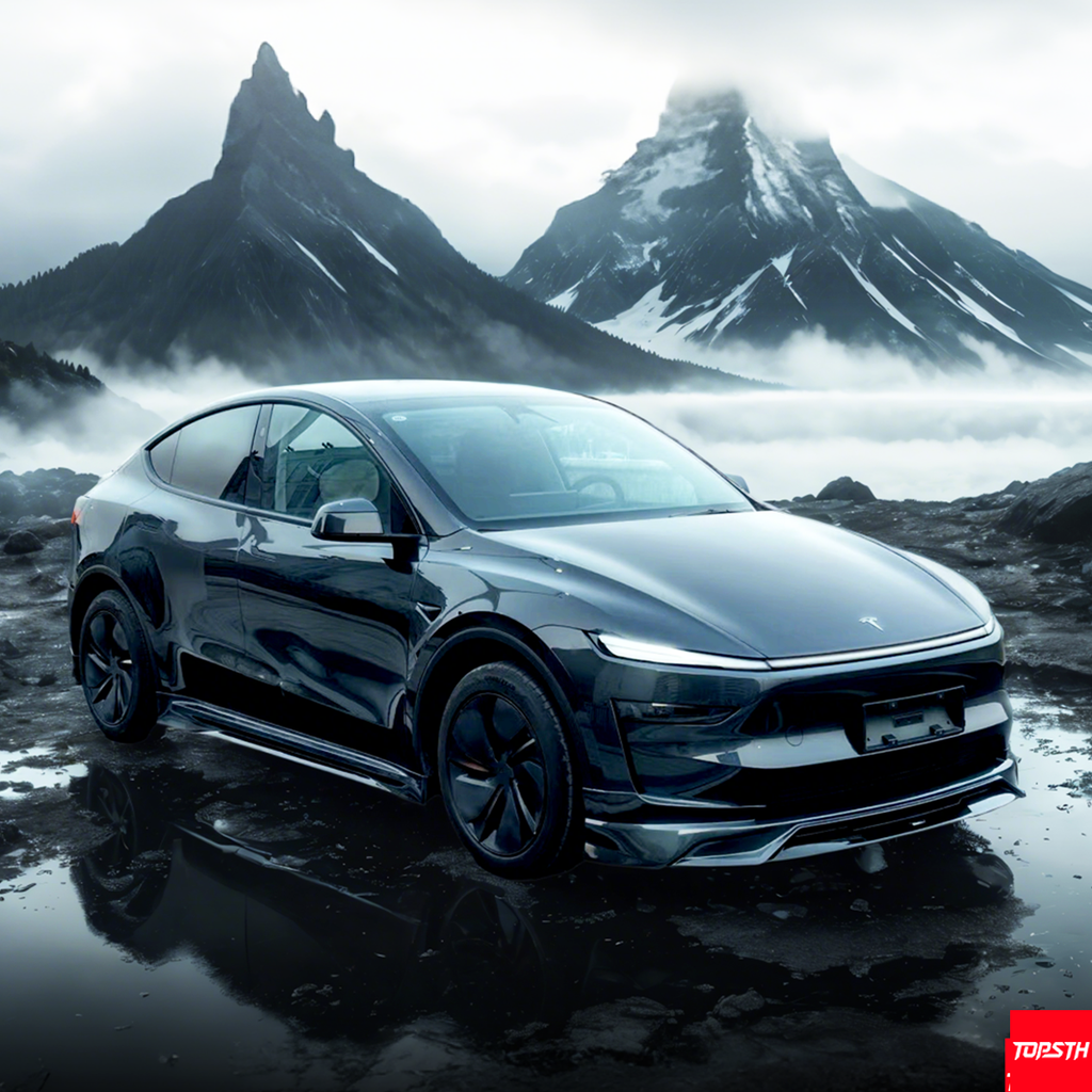 A Tesla Model Y Juniper (2025+) with a TOPSTH Design ABS Body Kit, featuring a front lip, side skirts, and rear diffuser, in a scenic mountainous area.