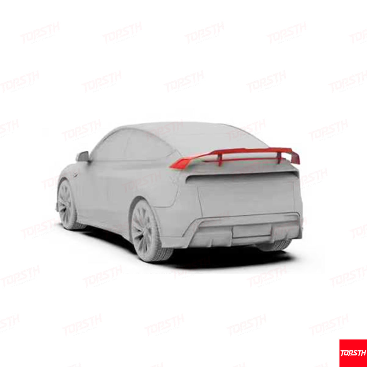 3D CAD engineering model showing the precise fitment of a custom rear spoiler for Tesla Model Y.