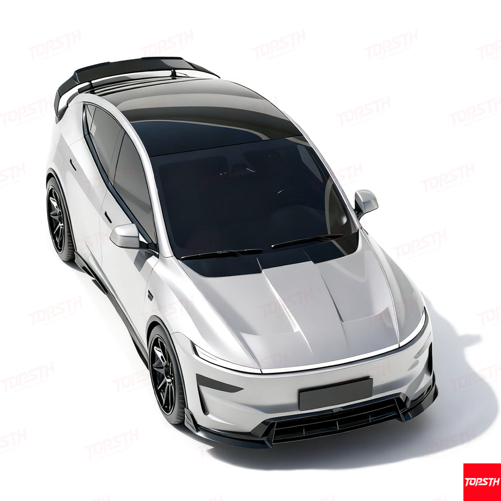 High-angle view of a modified white Tesla Model Y highlighting the front hood and aerodynamic side skirts.