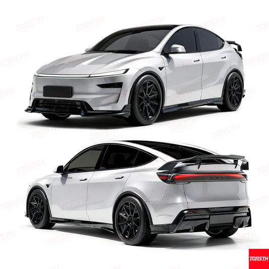 Side profile of a white Tesla Model Y featuring a full aerodynamic body kit and black performance wheels.