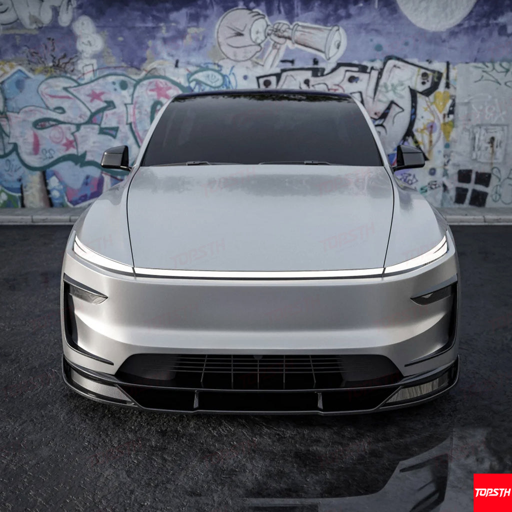 Front view of the Model Y Juniper 2025+ with the installed Carbon Fiber EL Design body kit, showcasing the front lip.
