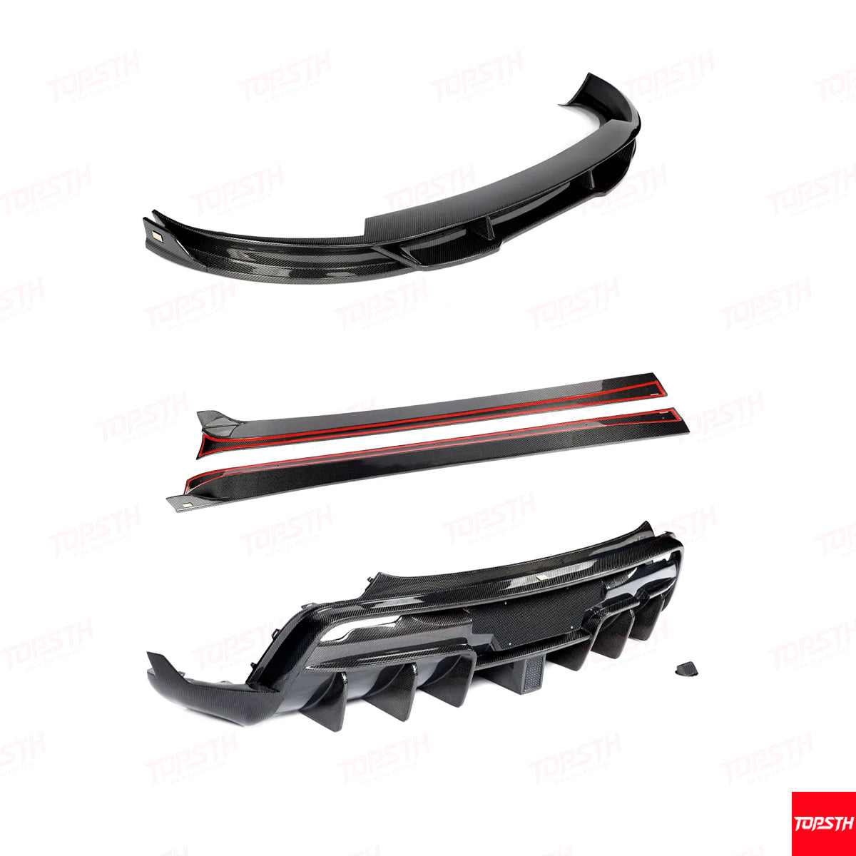 Product image showing the components of the Carbon Fiber EL Design Side Skirt extensions for Model Y Juniper.