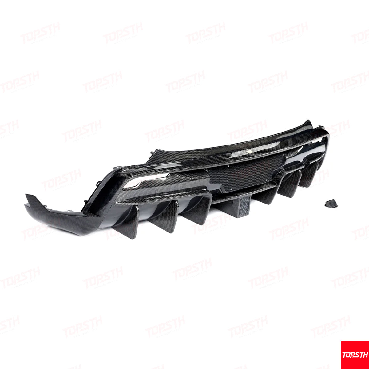 Rear view of the Carbon Fiber EL Design Diffuser assembly, a key component of the Model Y Juniper body kit.