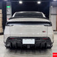 Straight rear view of a white Model Y Juniper 2025+ showcasing the aggressive Carbon Fiber EL Design Rear Diffuser.