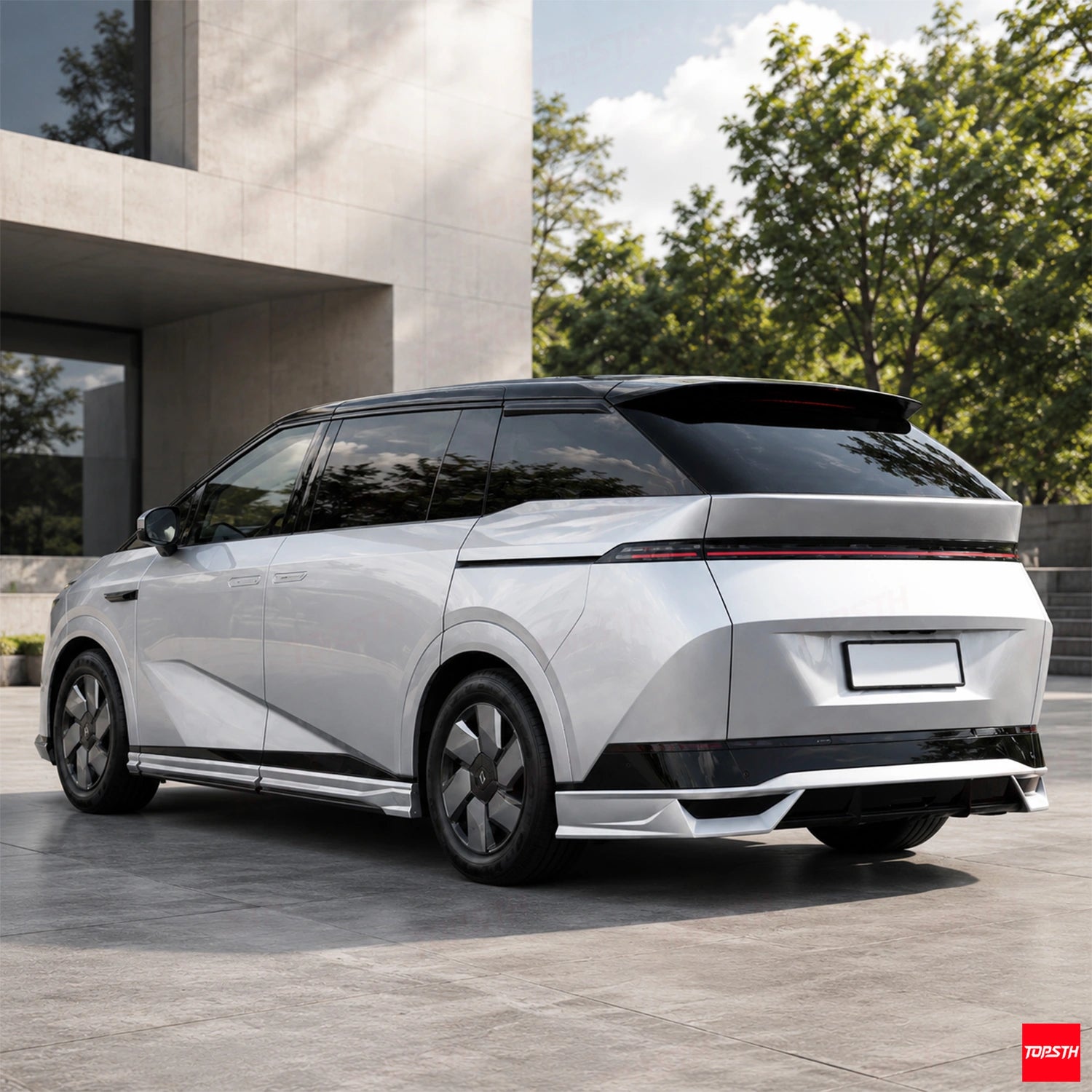 TOPSTH SP Style ABS Rear Spoiler for 2024+ XPeng X9, Rear 3 Quarter View.