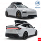 Silver Tesla Model Y (Juniper) with an installed YOFER PP material aerodynamic body kit, featuring front lip, rear diffuser, and side skirts.