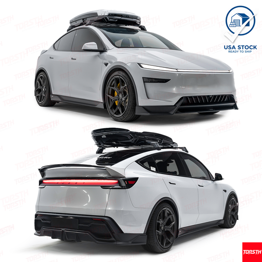 Silver Tesla Model Y (Juniper) with an installed YOFER PP material aerodynamic body kit, featuring front lip, rear diffuser, and side skirts.